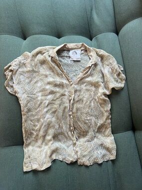 Chasing Unicorns Sheer Neutral Paisley Button-Front Blouse Medium